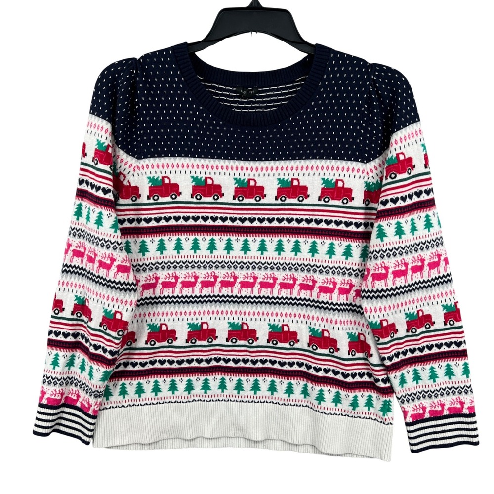 Talbots Women Christmas‎ Truck Fair Isle Knit Sweater Navy Red XL Festive Cozy